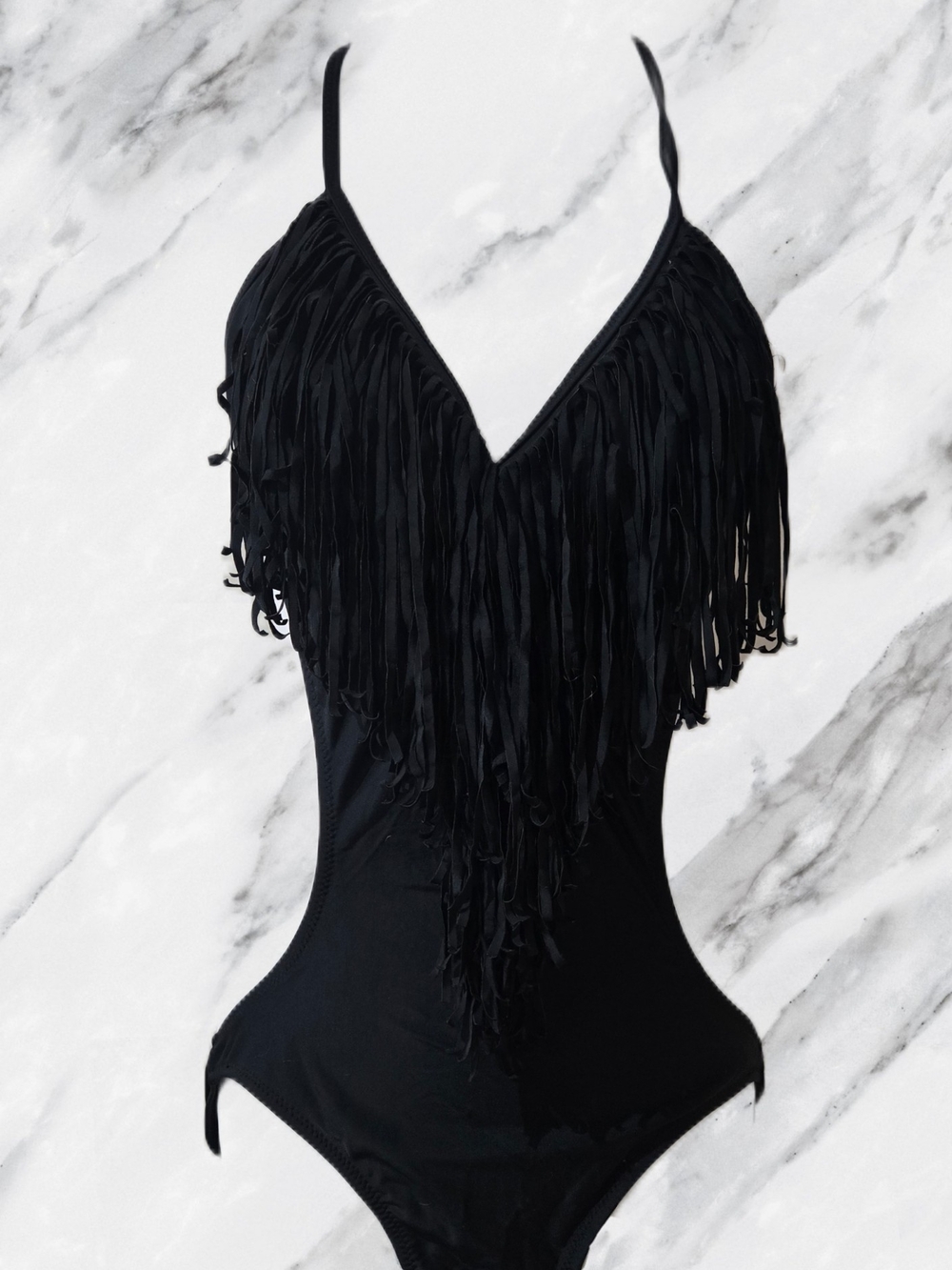 Revamped Padded Black Fringe One-Piece Swimsuit